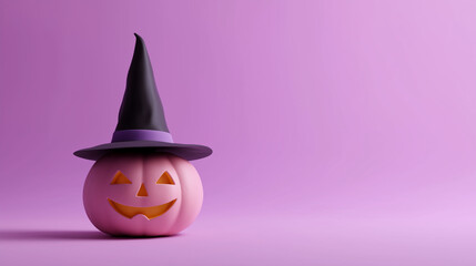 Fototapeta premium Festive Halloween Pumpkin: A charming, playfully carved pumpkin, complete with a whimsical witch's hat, radiates a festive mood. It embodies the spirit of Halloween.