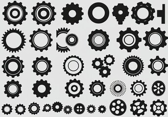 Collection of diverse black gears and cogwheels arranged on a clean white background, symbolizing industry, mechanics, and innovation.