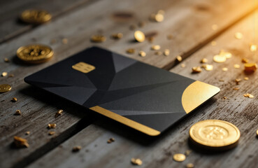 A black and gold credit card placed on a rustic wooden surface with scattered gold coins