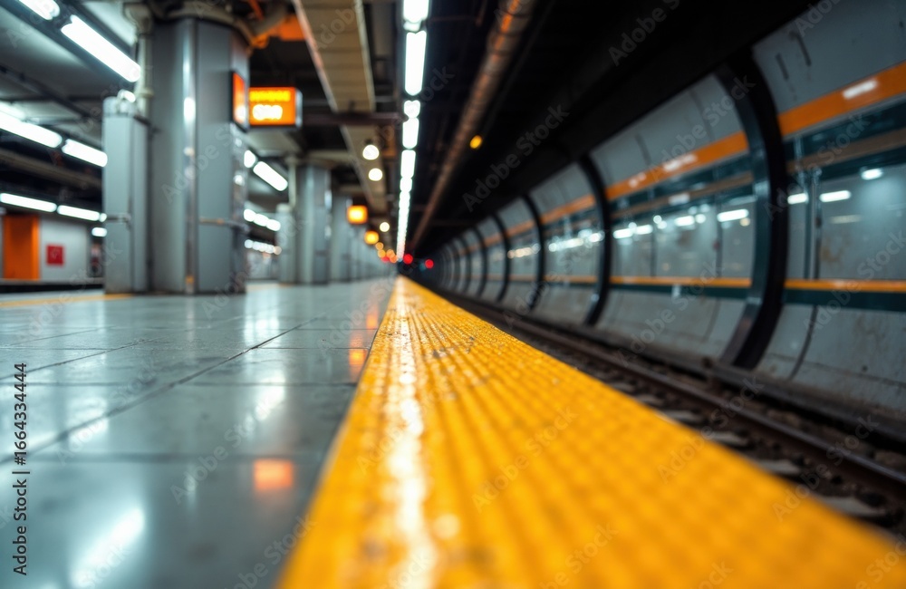 Poster empty subway platform with yellow safety line and train tracks extending into the distance
