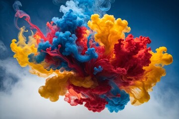 Farbenexplosion aus rotem, gelbem und blauem Farbstoff in einem abstrakten Muster