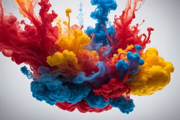 Farbenexplosion aus rotem, gelbem und blauem Farbstoff in einem abstrakten Muster