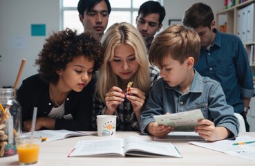 Fototapeta premium Woman and children studying together in a classroom setting with books and learning materials