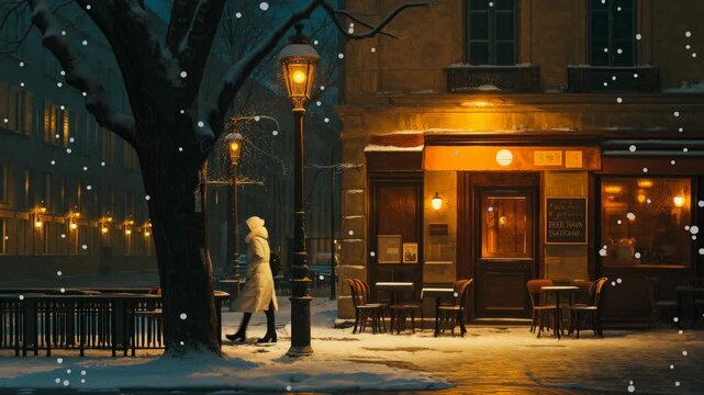 Stylish woman on heels in white warm coat walks past cozy cafe in the night city as snow falls on a quiet, lamplit illuminated street