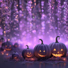 Enchanting Halloween Gathering: A captivating composition of glowing carved pumpkins, surrounded by a mystical purple light, setting the perfect ambiance for Halloween.