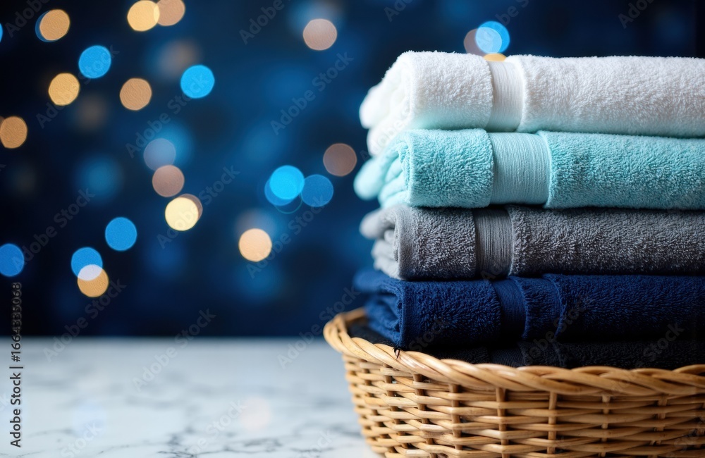 Poster colorful folded towels stacked in a basket with a blurred bokeh background