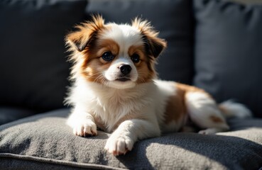 Adorable puppy lying on a cushion with soft lighting and cozy background