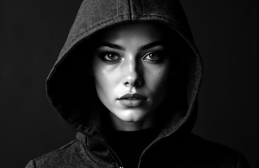 Woman with intense gaze wearing a hooded jacket in black and white