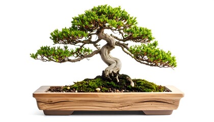 A bonsai tree, with a stylized trunk and lush foliage, sits in a natural wood planter