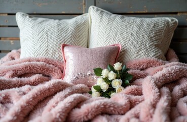 Soft pink plush blanket and decorative pillows with a bouquet of white roses on a cozy bed