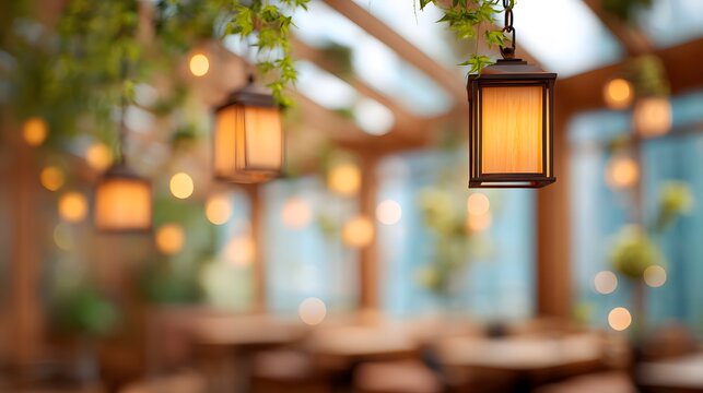 blurred image of a rooftop eco-bar interior glowing with amber recessed lights, terracotta and green palette