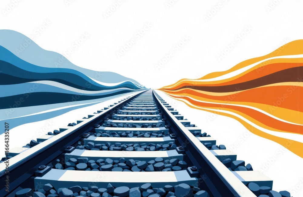 Poster colorful railway tracks extending into the distance with vibrant abstract lines on both sides