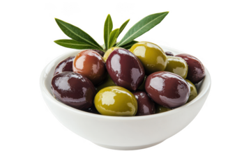 Bowl of mixed olives green black purple kalamata olives with leaves food ingredient appetizer isolated on transparent background