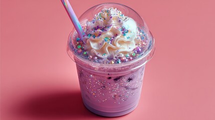 Iced ube latte topped with whipped cream and sprinkles on pink background