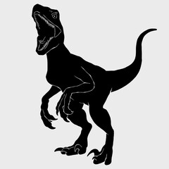 Black silhouette drawing with white lines of the carnivorous dinosaur Velociraptor and the dinosaur Giganotosaurus on a white background