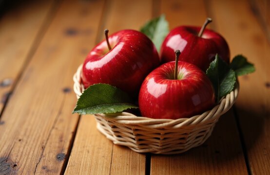 Fresh red apples arranged in a basket on a wooden surface