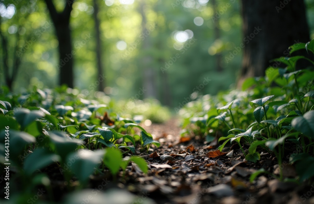 Poster lush green forest path surrounded by dense foliage and sunlight filtering through trees