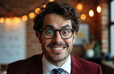 Fototapeta premium Man with curly hair and glasses smiling broadly in a cozy indoor setting with warm lighting and blurred background