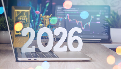 Stock market concept with 2026 numbers, gold bar, trophy, and charts symbolizing financial growth, trading, and investment outlook.
