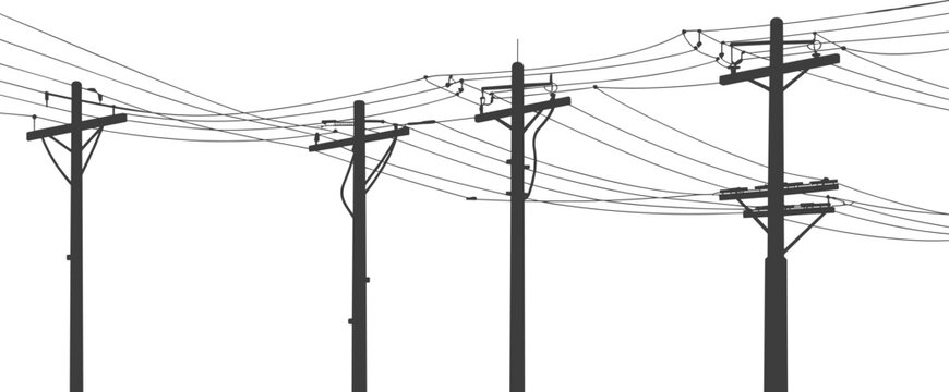 Silhouette illustration of multiple electric utility poles with tangled power lines, realistic cable distribution network infrastructure for urban and rural energy transmission scene