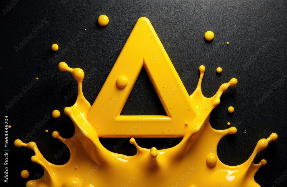Poster a yellow triangular shape surrounded by splashes of yellow liquid on a dark background