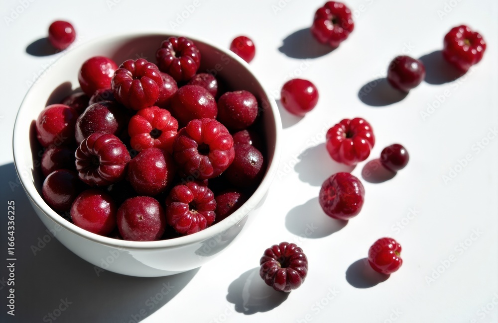 Aufkleber fresh red cranberries in a white bowl with some scattered on a white surface creating shadows