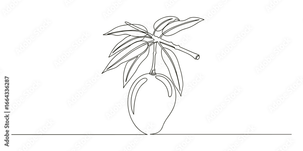 Poster one line drawing of mango on a branch with leaves. simple continuous outline sketch vector illustrat