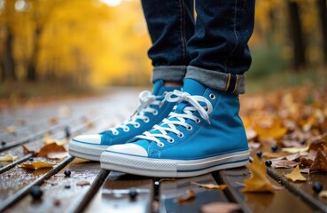 Colorful blue sneakers worn by a person standing on a wooden path covered with autumn leaves