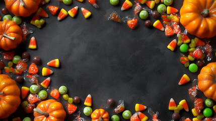 Halloween Treats: A spooky frame of pumpkins and a medley of candy corn and candies on a black chalkboard background, a colorful and festive image for your Halloween.