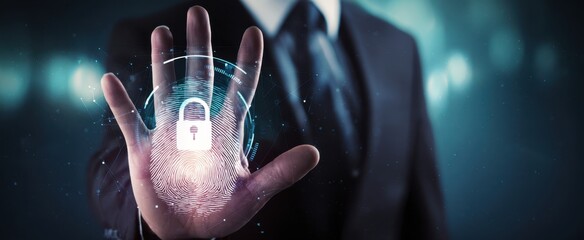 The Fingerprint Security Hand Activating A Biometric Lock On Futuristic Digital Interface