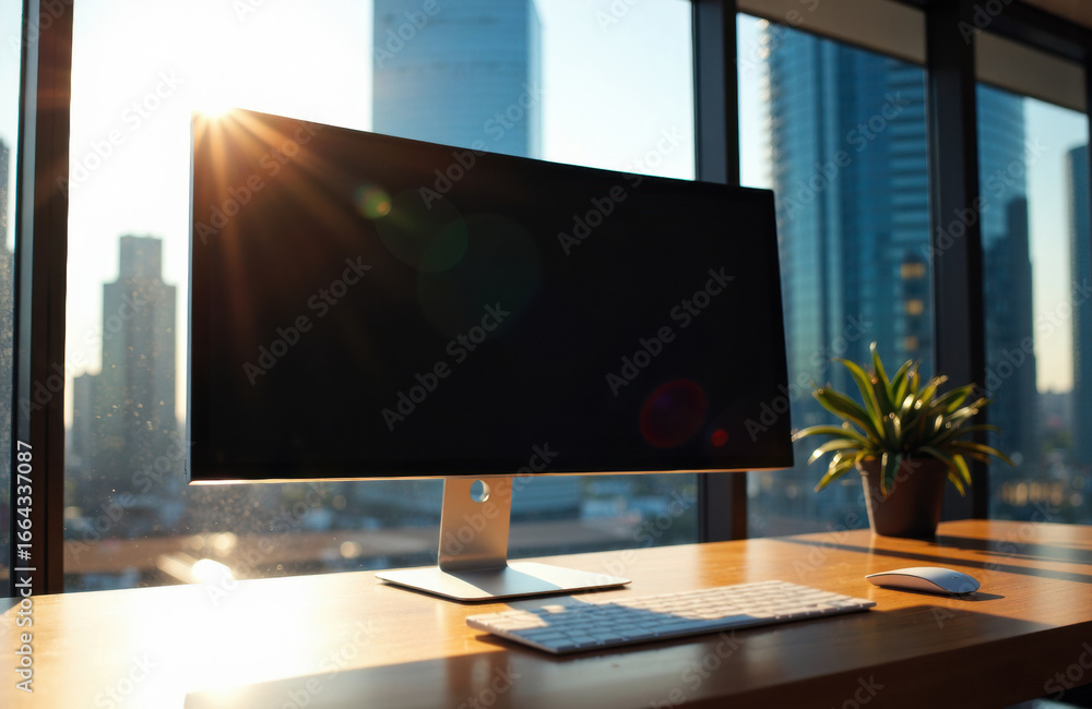 Poster computer monitor on a desk with sunlight streaming through large windows in a modern office setting