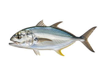 A profile view of a silver-scaled fish, displayed against a stark black backdrop.