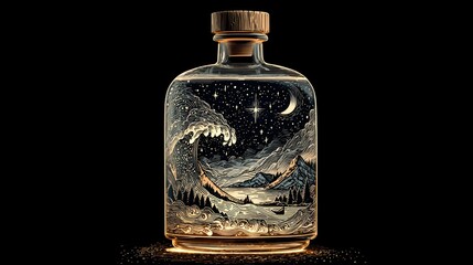 Fototapeta premium Wooden-capped glass bottle with black-white wave-mountain-night illustration on black for Christmas art gift.