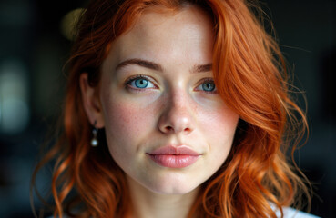 Fototapeta premium A woman with vibrant red hair and striking blue eyes looking directly at the camera
