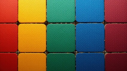 A vibrant array of colorful square tiles, showcasing a pattern of primary and secondary colors in a grid formation.