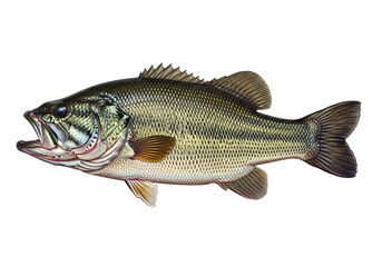 Fototapeta premium A detailed illustration of a largemouth bass, showcasing its intricate scales and vibrant colors against a stark black background.