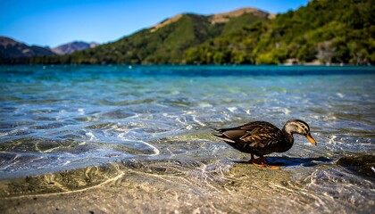 Duck at the lakeshore, clear water, mountain backdrop