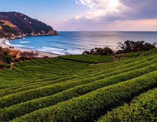 Stunning Korean green tea field by the southern sea shore, AI Generated image, AI Generated image
