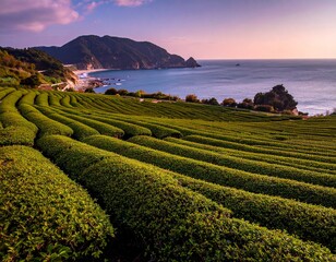 Stunning Korean green tea field by the southern sea shore, AI Generated image, AI Generated image
