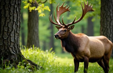 Fototapeta premium Majestic elk standing in a lush green forest with tall trees and vibrant foliage