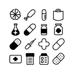 Hand-drawn Medical Icons:  Pharmaceutical, Healthcare, First Aid, Doodle Style, Black and White Vector Graphics.