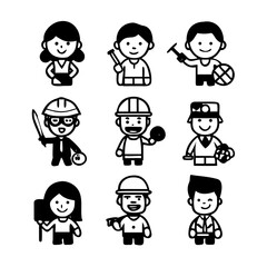 Diverse Professions: Cute Cartoon Icons, Black and White, Happy Mood, Vector Illustration Set