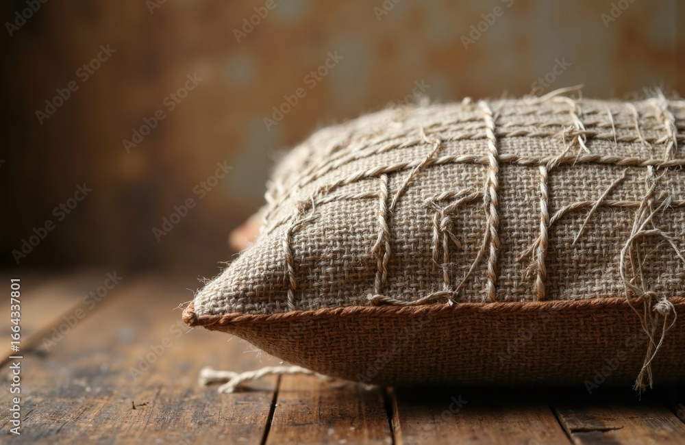 Poster a rustic burlap pillow resting on a wooden surface with a blurred background