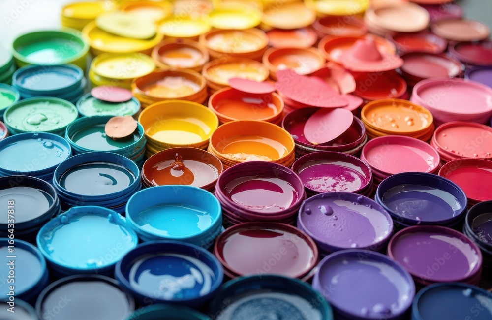 Poster colorful open paint containers arranged in a vibrant pattern creating a lively artistic display