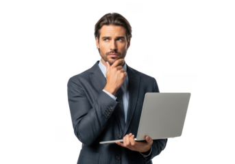 Thoughtful businessman with laptop pondering strategy, analyzing data, considering options, planning project, isolated on transparent background
