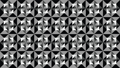 A black-and-white geometric design with a 3D optical illusion effect. The basic shape is a stacked triangular box that creates the impression of small, repeating pyramids