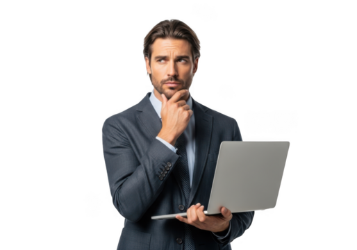Thoughtful businessman with laptop pondering strategy, analyzing data, considering options, planning project, isolated on transparent background