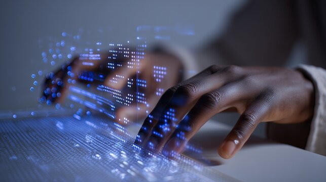 Hands using a tactile braille display to code on a computer, accessibility technology supporting blind and low vision programmers in an inclusive modern workspace