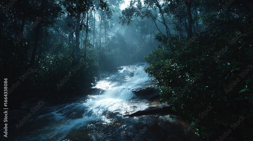 Poster stream in forest surrounded by trees on both sides, water flowing through center