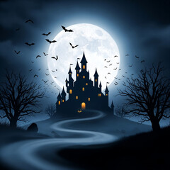 Fototapeta premium Spooky Halloween Night Background with Haunted Castle